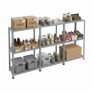 59x279x150 cm 3 Katlı 3'lü Çelik Raf Sistemi – Seri Bağlantılı Metal Depolama Rafı – Elektrostatik Boyalı Endüstriyel Raf Ünitesi